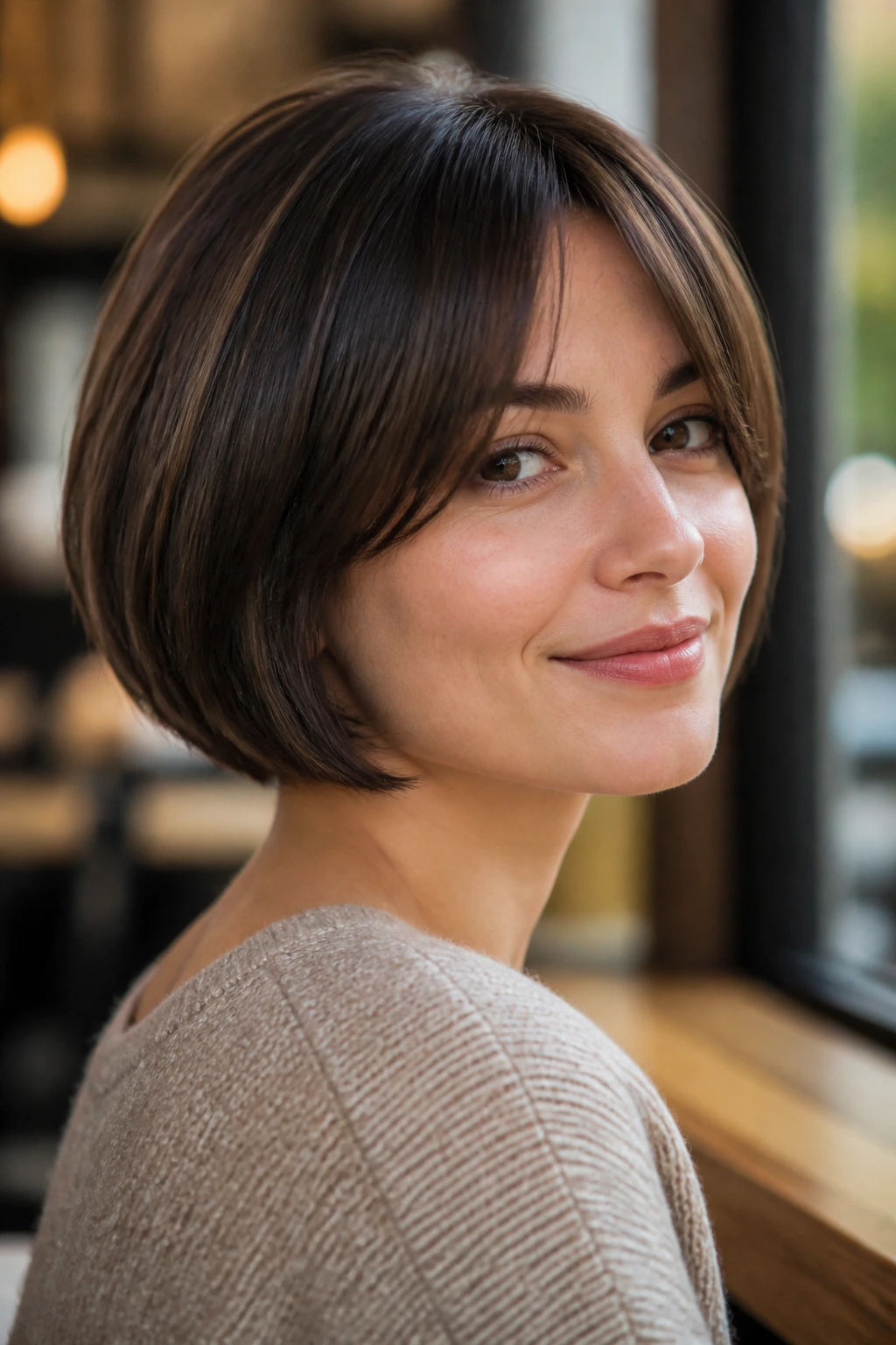 Real woman with curtain bangs and snug back bob