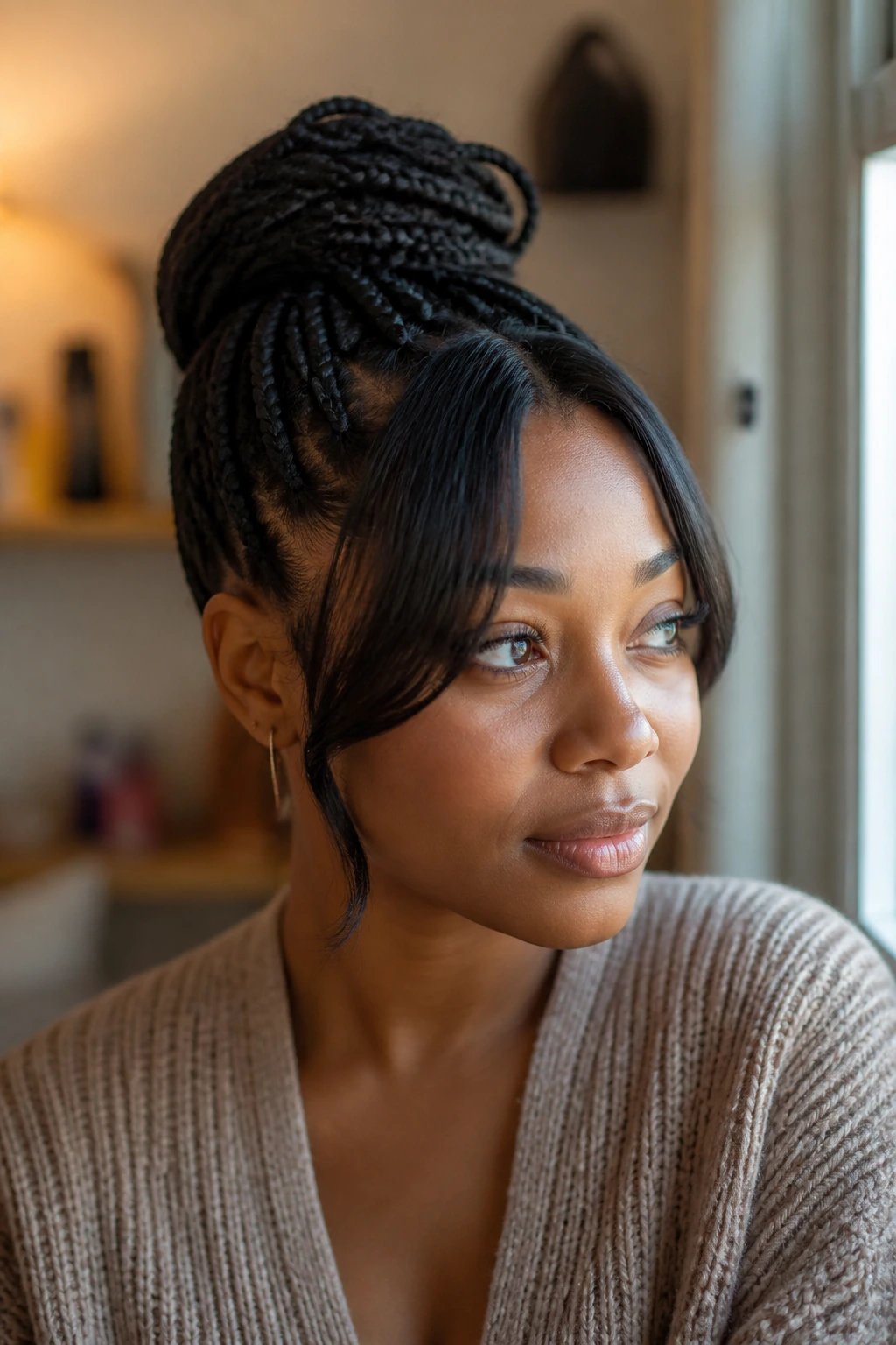 Close-up of woman with softly curved curtain bangs in natural window light