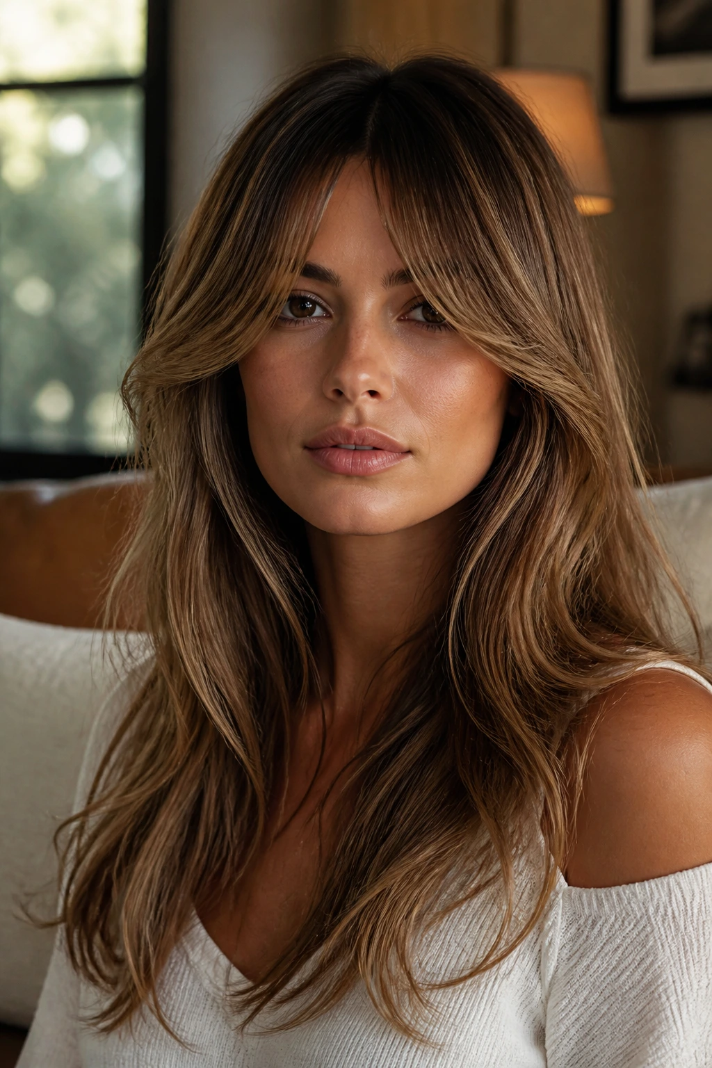 Portrait showing long curtain bangs with a soft bend framing the face