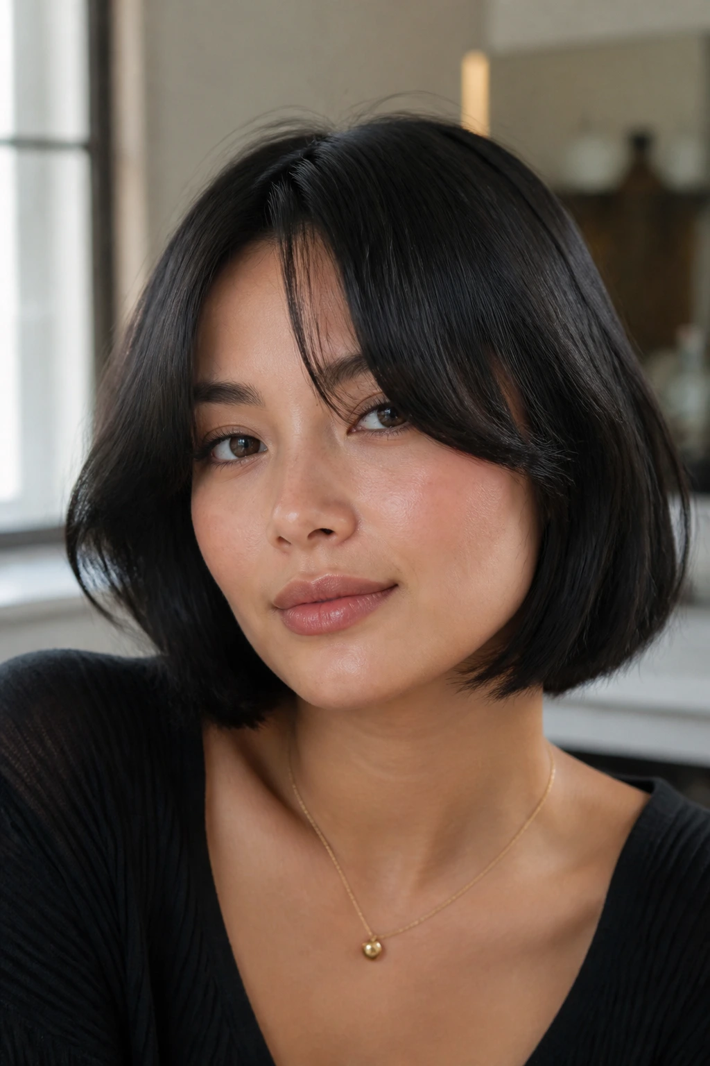 Close-up of real woman with curtain bangs and soft face frame