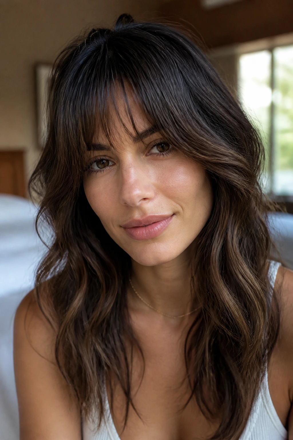 Brunette with curtain bangs and soft fringe waves