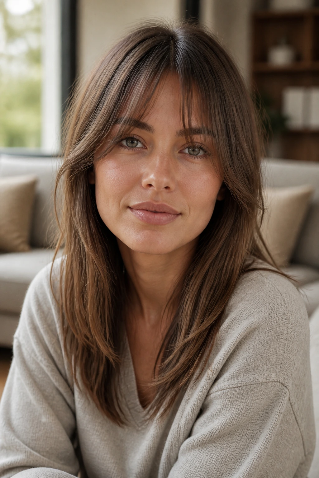 Close-up of a person with soft narrow curtain bangs in natural light