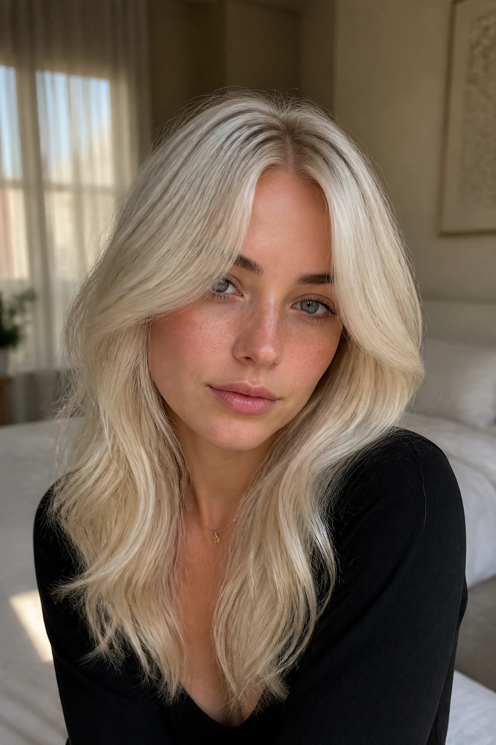 Close-up of a real person with soft platinum curtain bangs