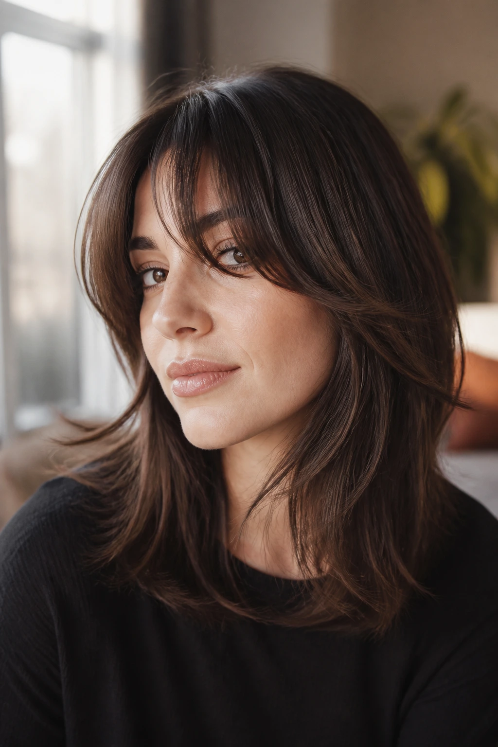Portrait of a woman with soft rounded curtain bangs and natural light