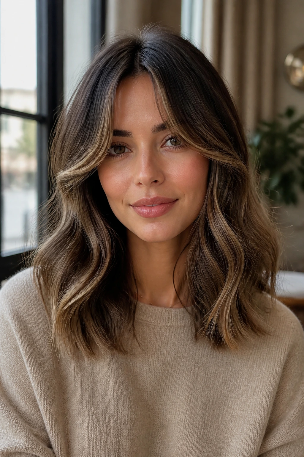 Portrait of a woman with curtain bangs and soft wave ends