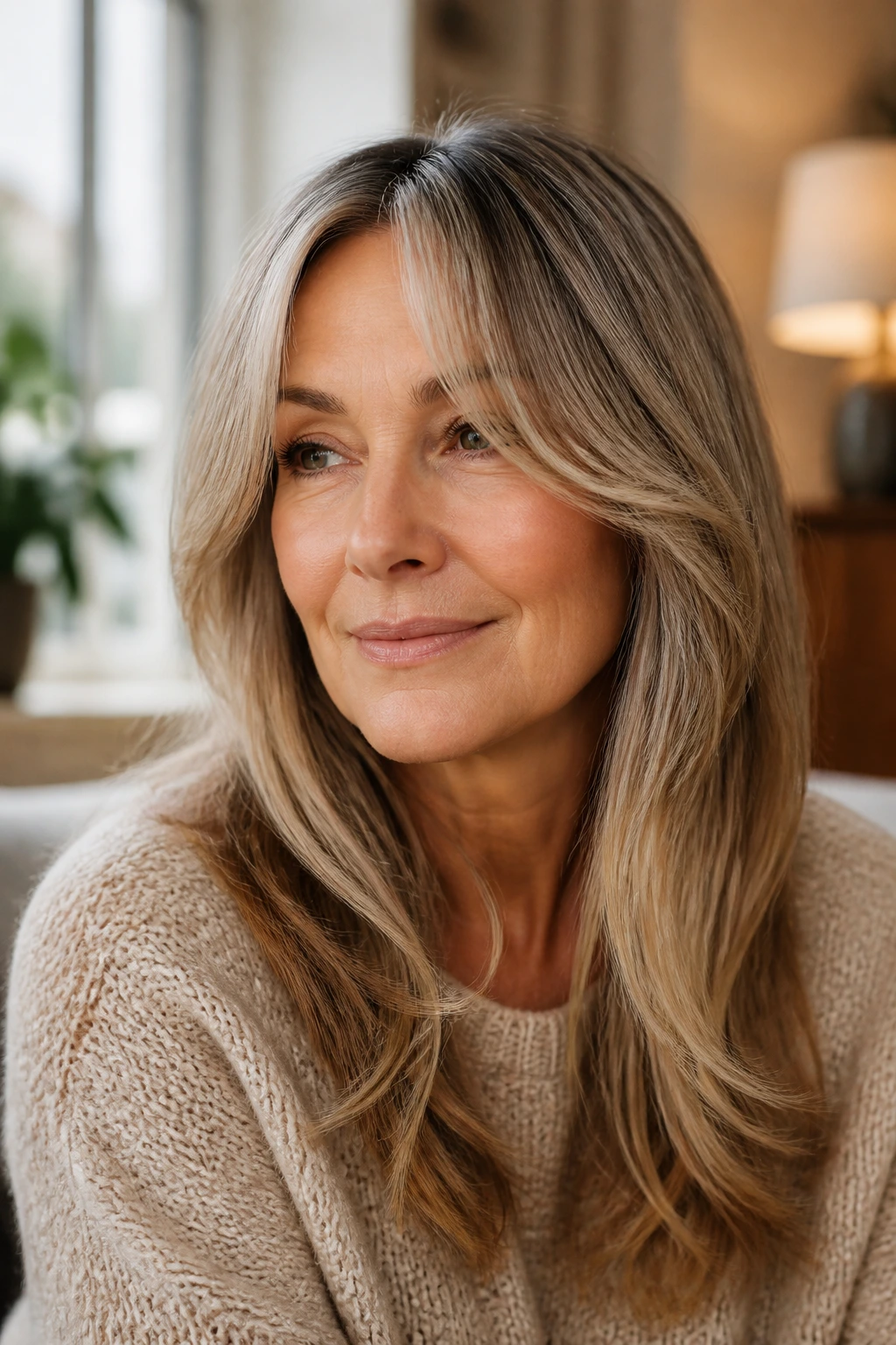 Close-up portrait of a real woman with soft curtain bangs (Softer Sweep) in natural window light