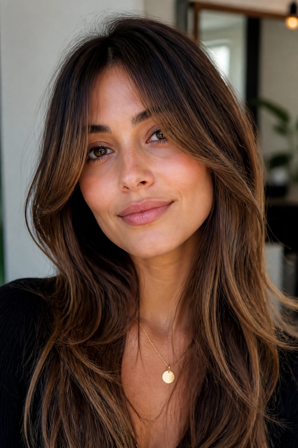 Portrait of a woman with curtain bangs split at the cheekbones