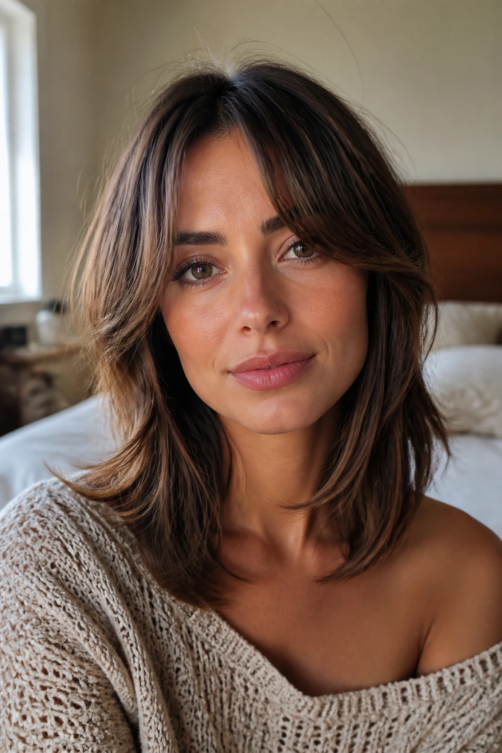 Close-up of a real person wearing curtain bangs that soften the jaw