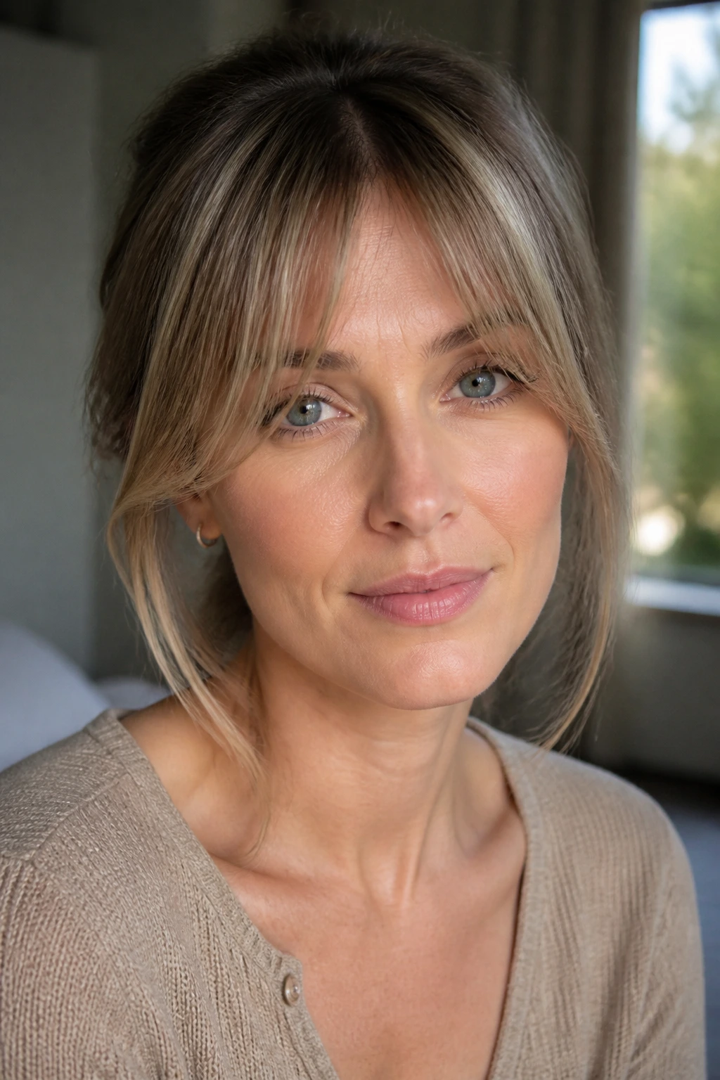 Portrait illustrating curtain bangs on a square-faced woman with thin hair
