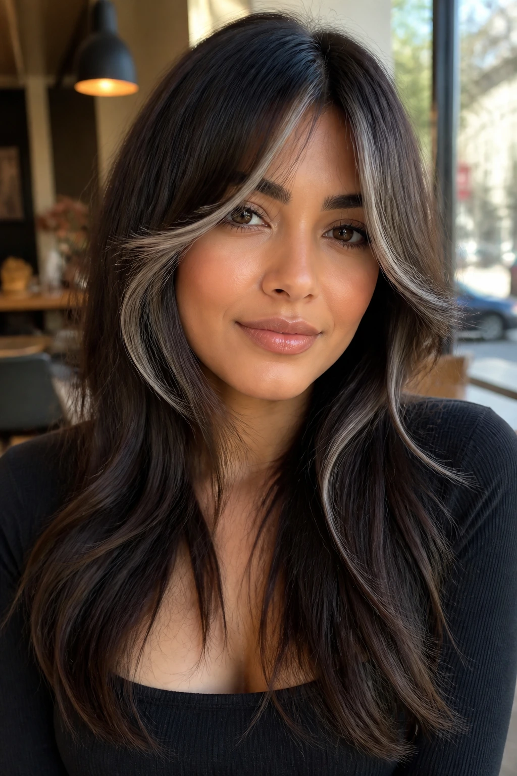 Real person with curtain bangs and steel ribbon highlights, warm-toned cafe light on tan skin.