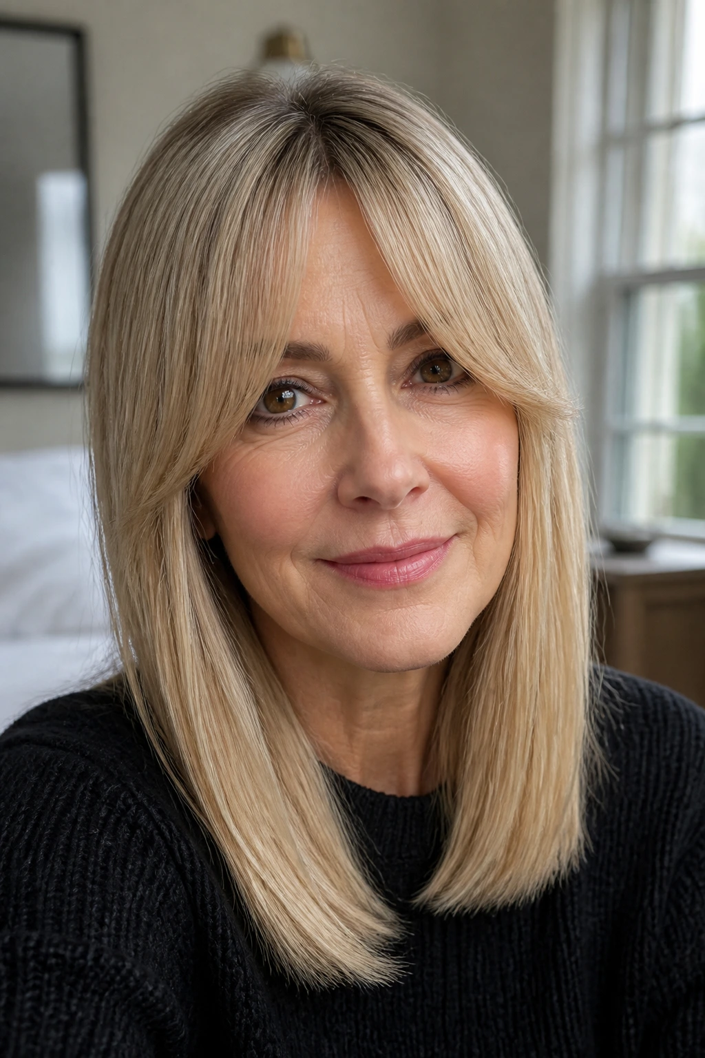 Close-up of a real woman with curtain bangs and straight hair in soft light