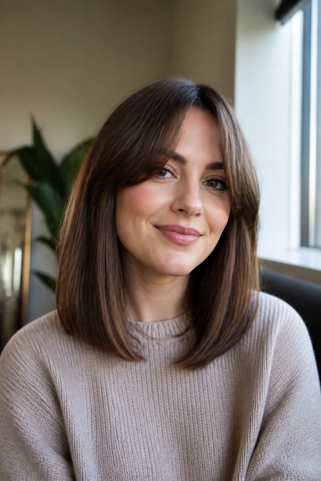 Head-and-shoulders portrait of a real woman with curtain bangs and straight lengths