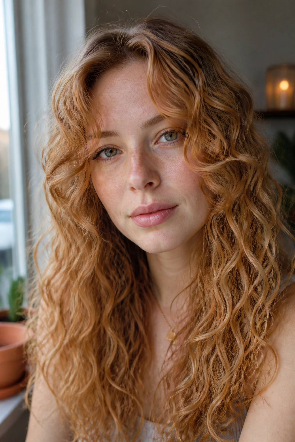 Portrait of a woman with curly strawberry blonde curtain bangs framing eyes