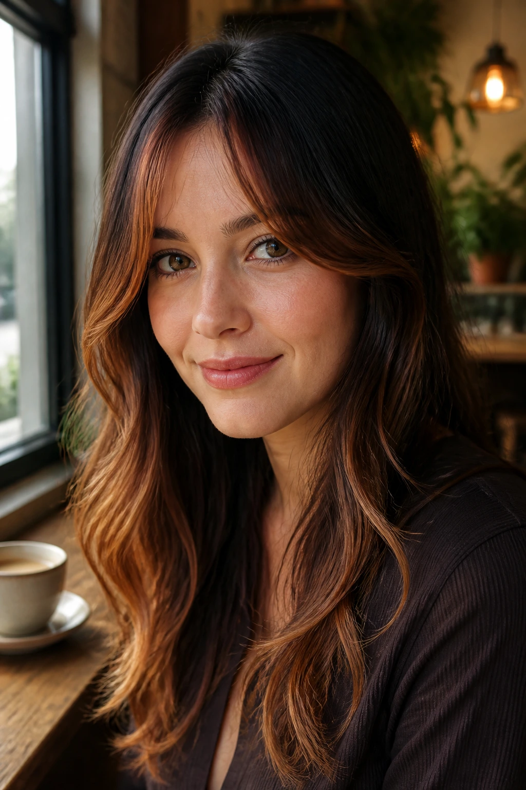 Portrait of a woman with curtain bangs and warm strawberry ribbons
