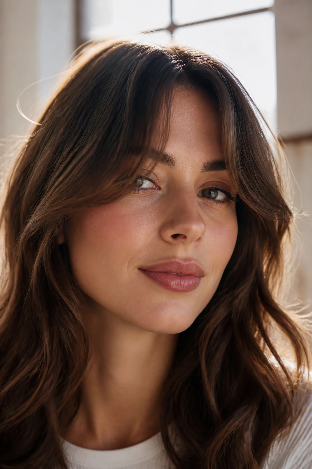 Portrait of a woman with curtain bangs styled to frame the cheeks