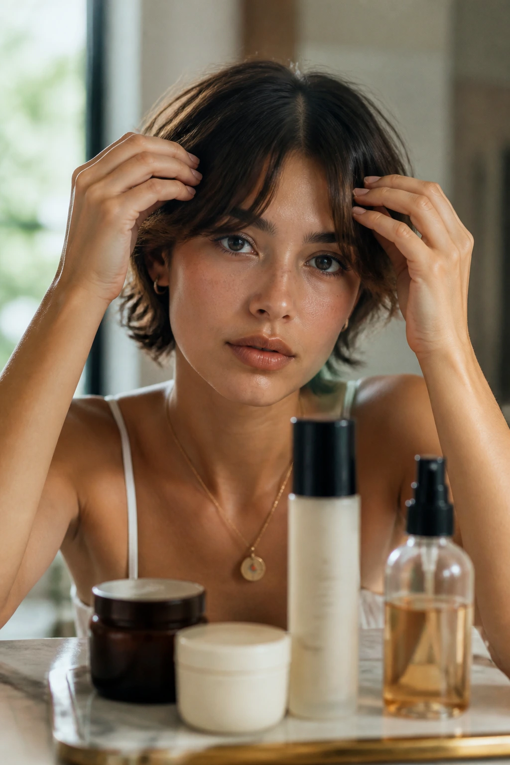 Close-up of a woman with curtain bangs being styled at a bathroom vanity