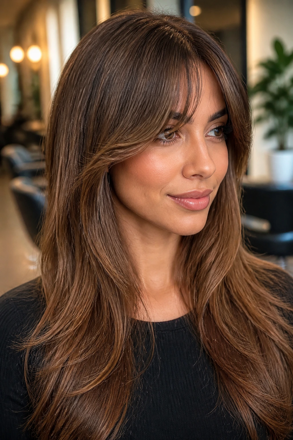 Real person with curtain bangs styled to hold shape in a salon