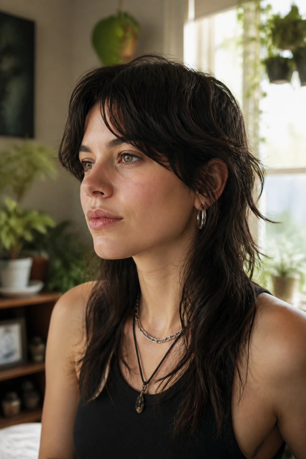 Portrait of a real person with styled curtain bangs looking to the side