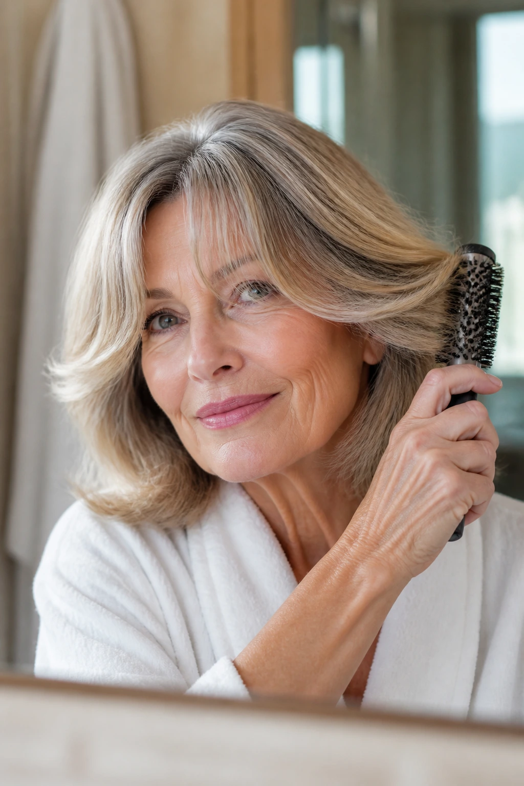Woman with curtain bangs styled with a gentle bend under natural light