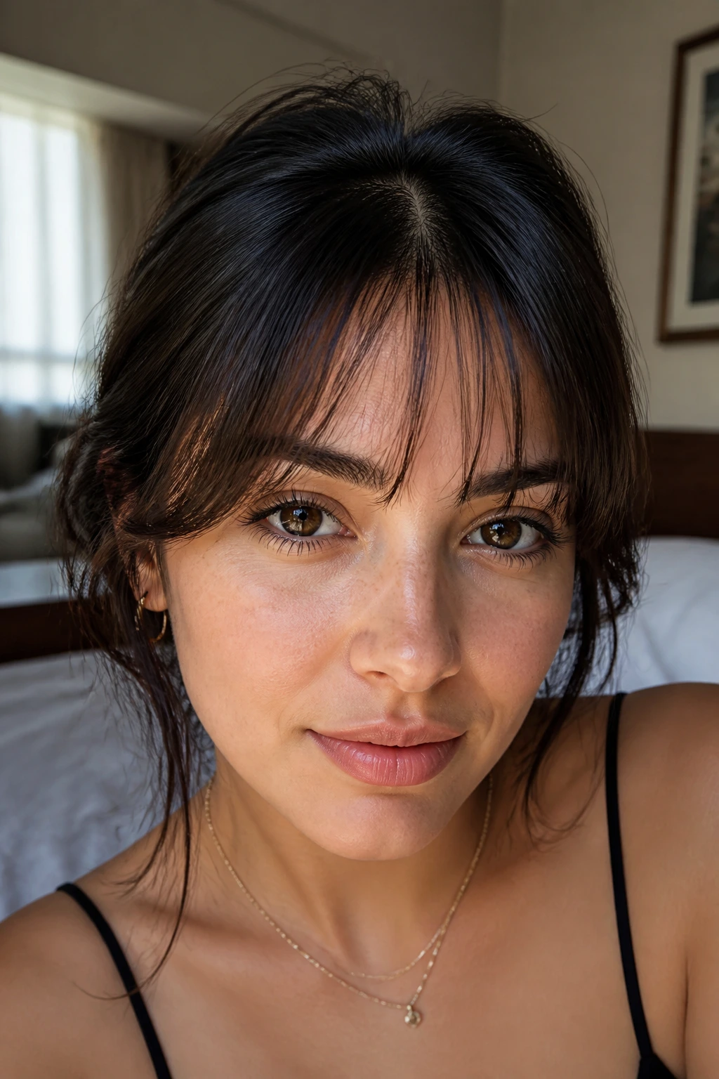 Close-up of real person with textured baby curtain bangs in soft natural light.