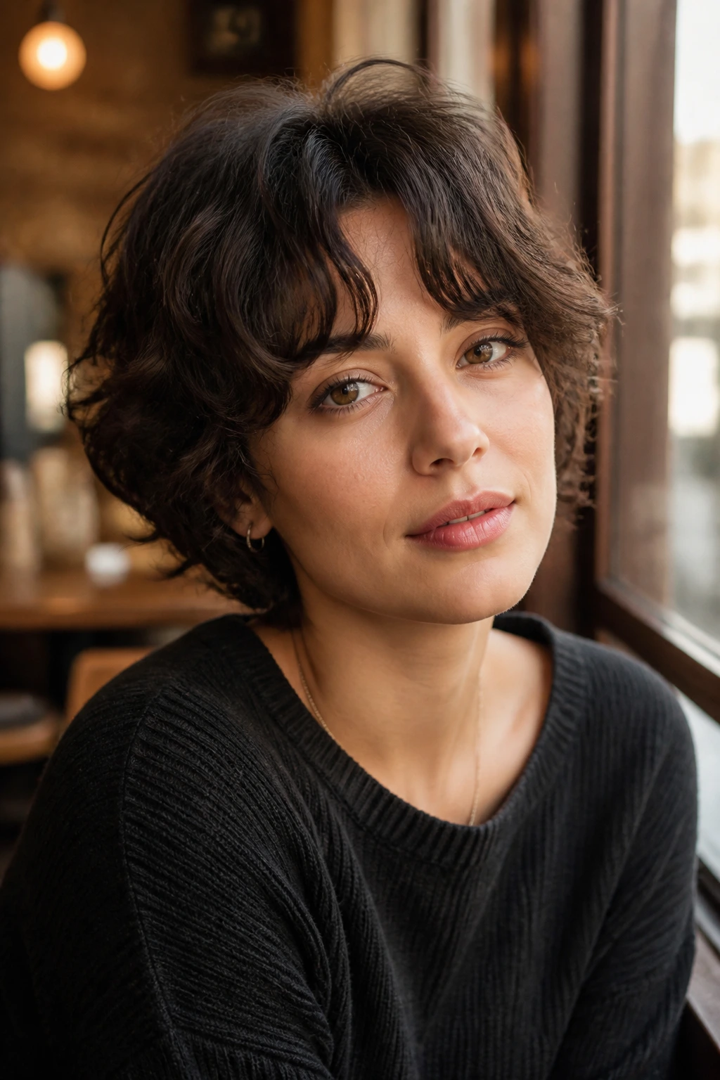 Close-up of a real woman with curtain bangs on thick curls in a cafe setting.