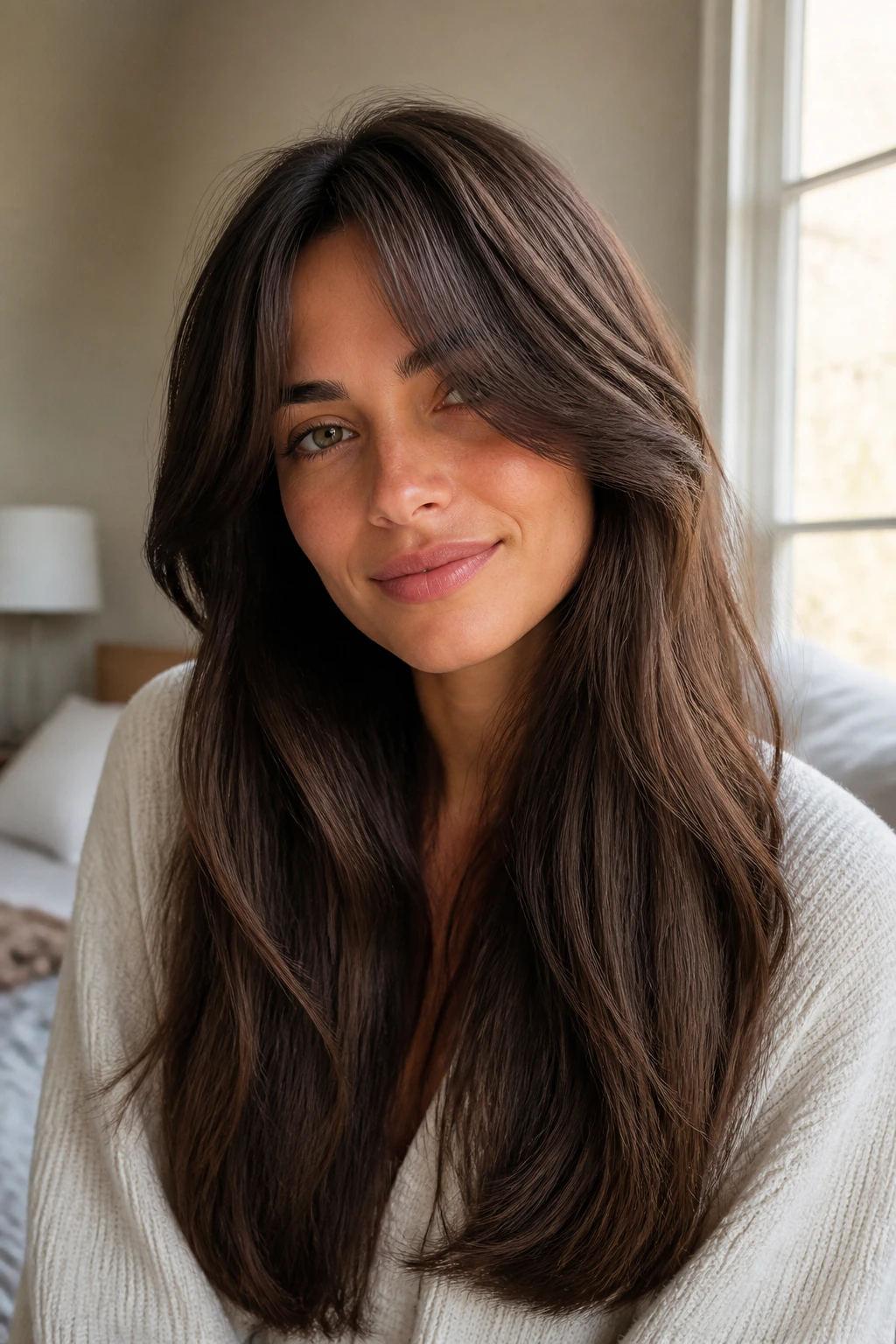 Close-up of a real woman with curtain bangs blending into thick hair in warm bedroom light