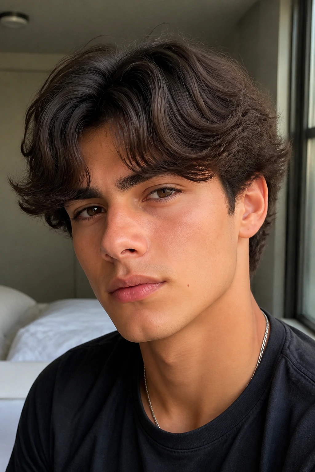 Boy with curtain bangs hairstyle in soft natural light