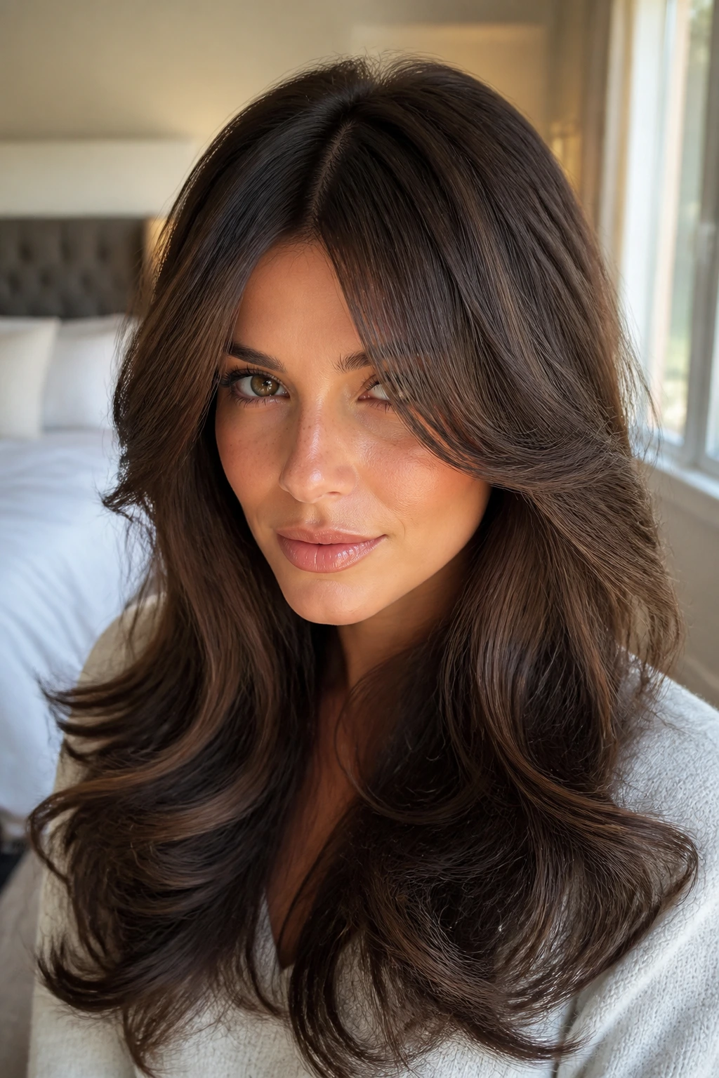 Close-up of a real woman with brushed-out bombshell curtain bangs, center split and cheek-grazing wings.