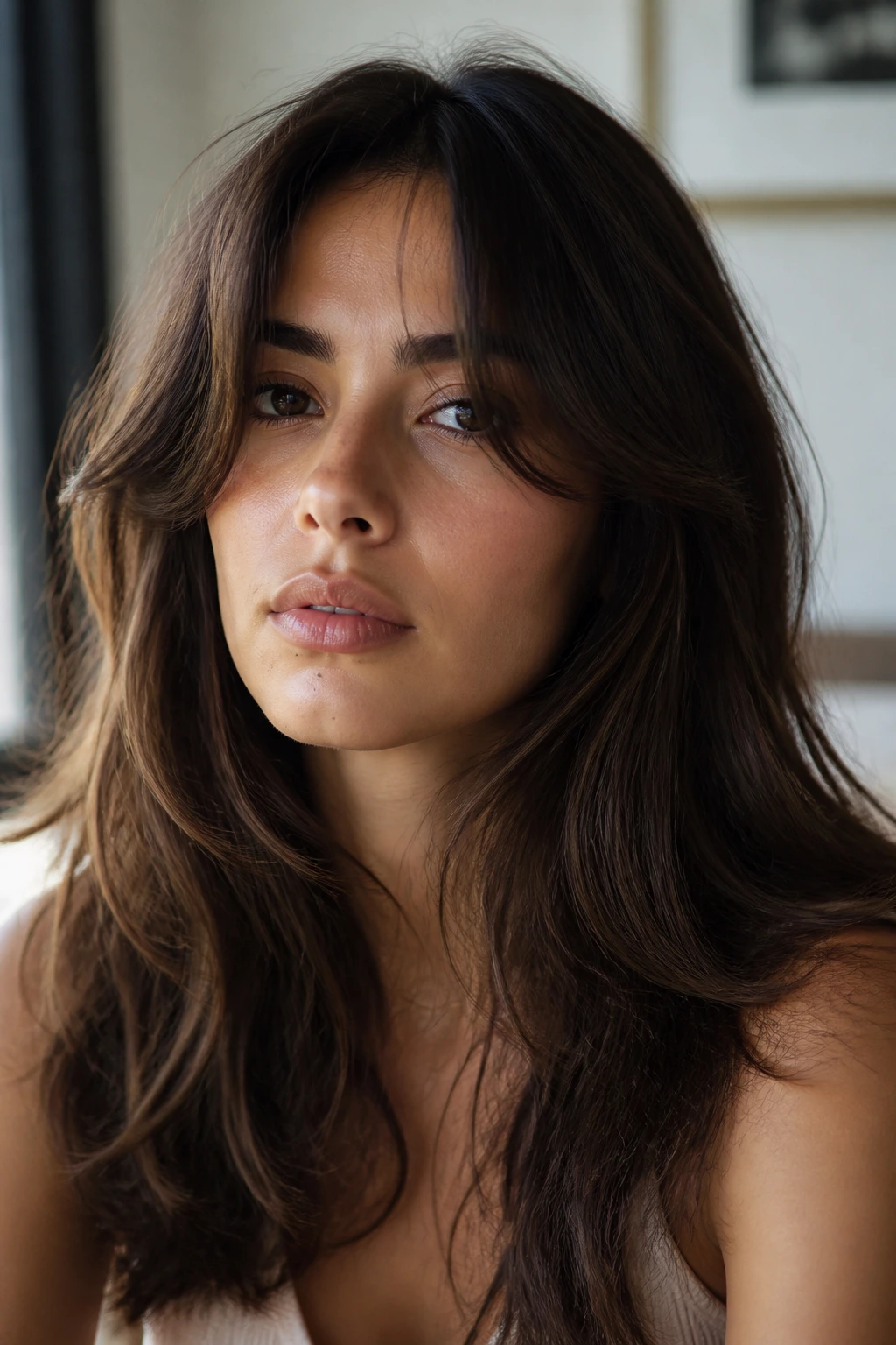 Close-up portrait of a real person with curtain bangs framing the cheeks in natural window light