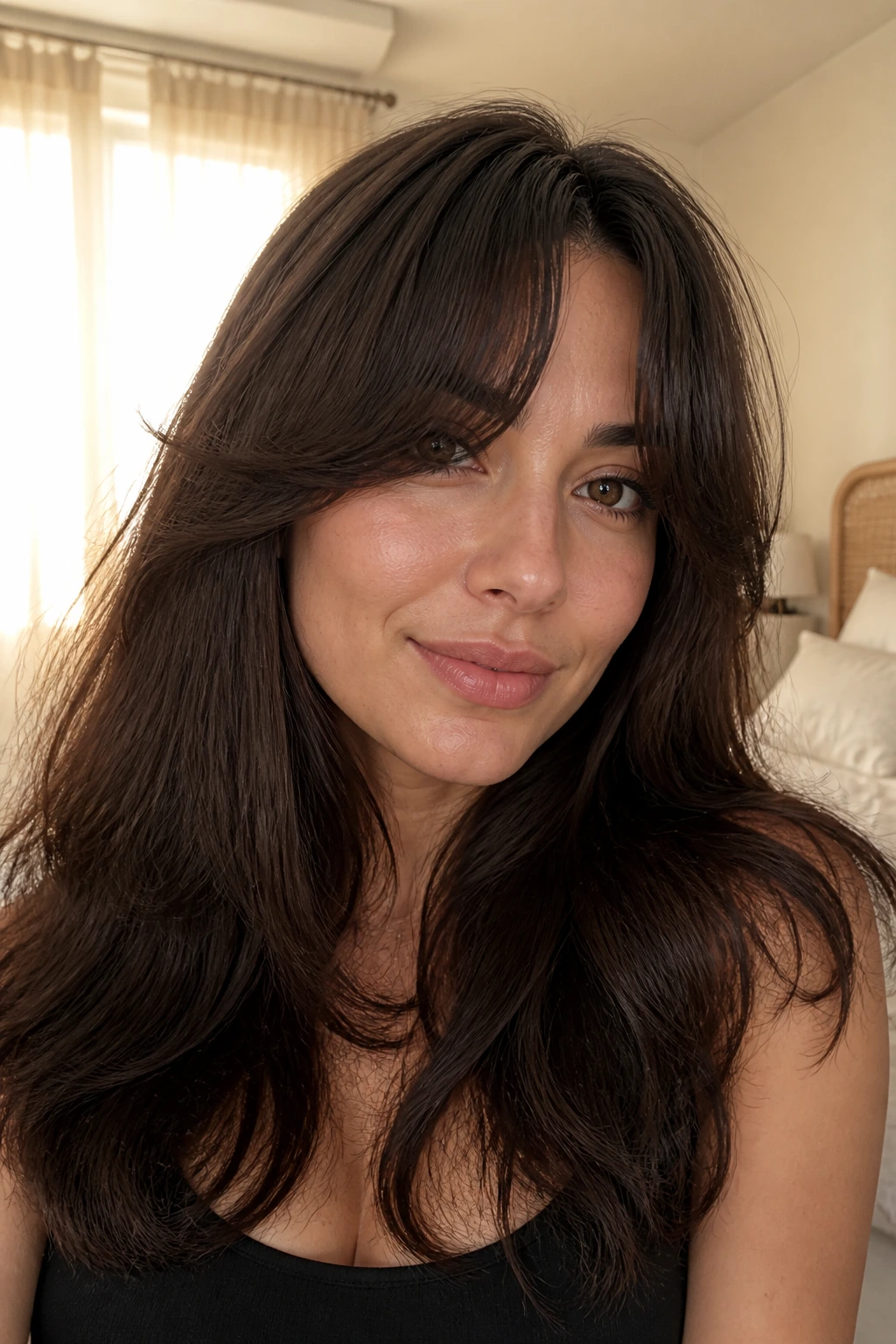 Close-up of a real woman with curtain bangs breaking up heavy hair around the face in warm window light.