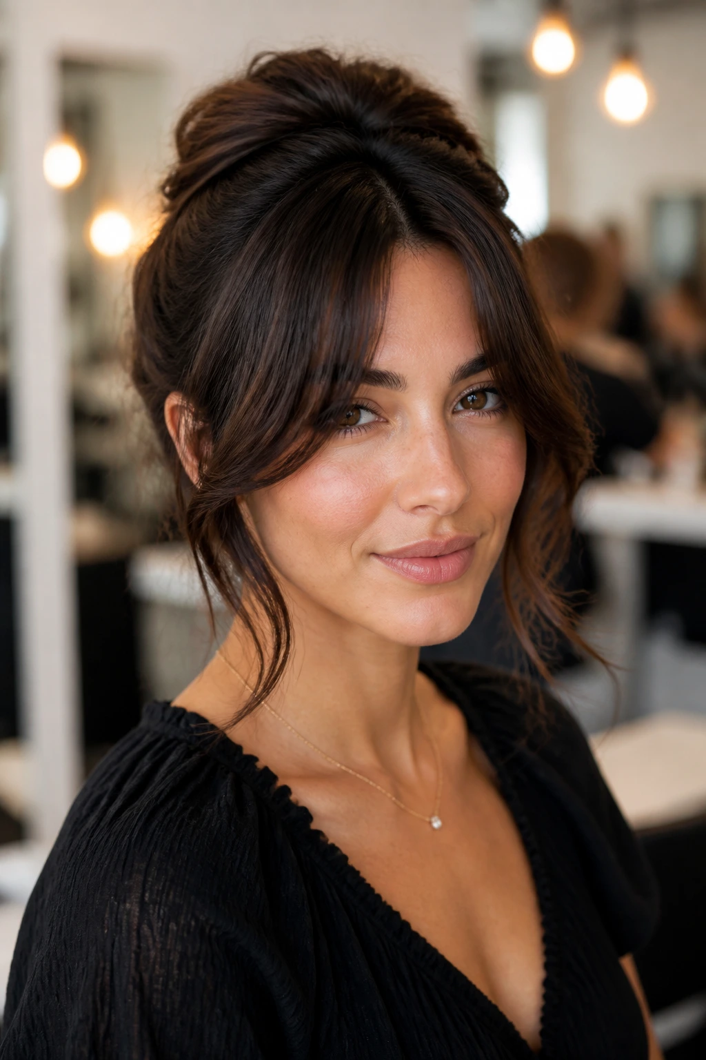 Close-up portrait of a real woman with thick hair and curtain bangs in a softly lit salon