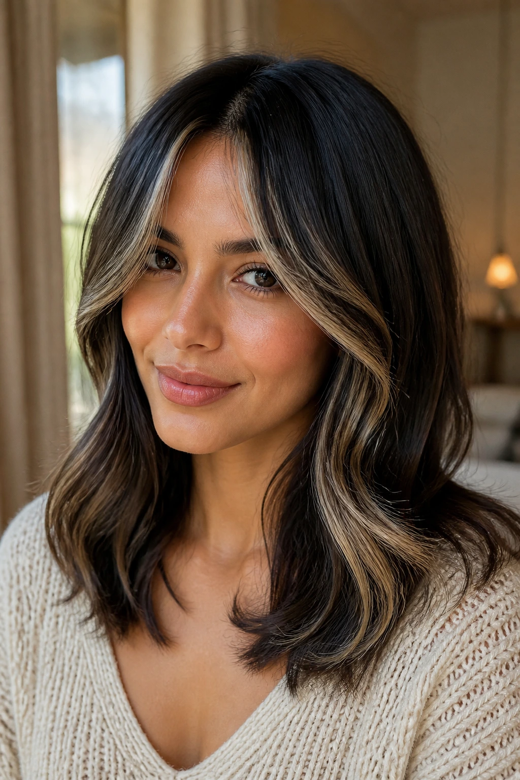 Close-up portrait showing curtain bangs with vanilla ribbon highlights framing the face