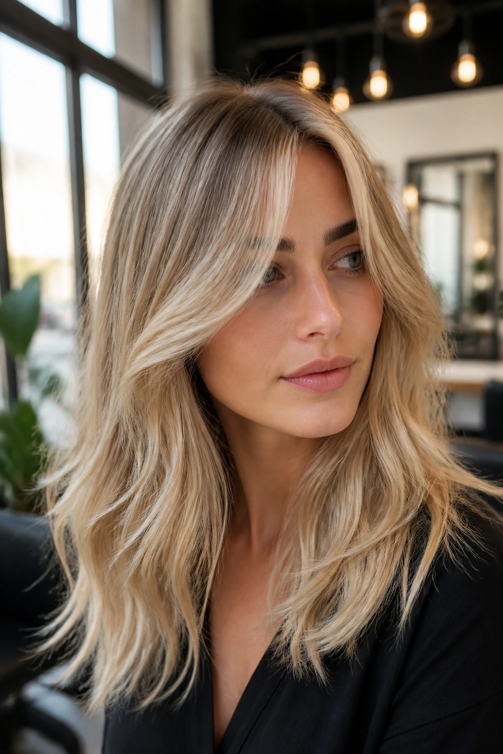 Portrait of a blonde with curtain bangs showing hairstyle variation