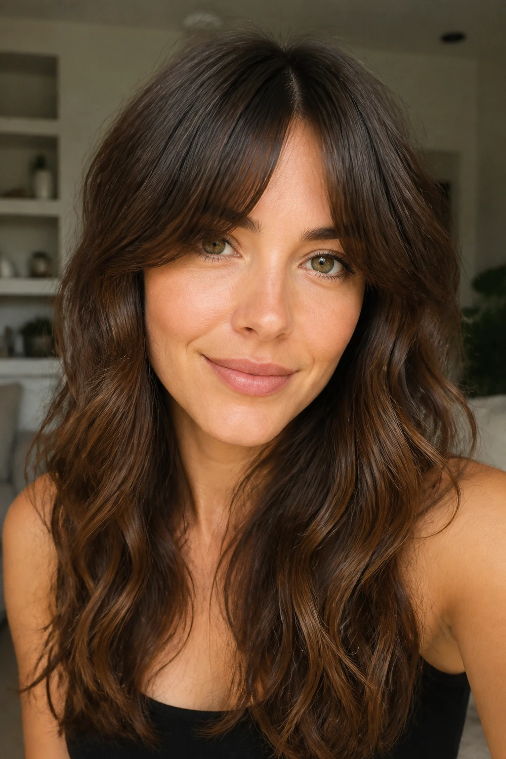 Woman with long curtain bangs in a warm, daylight living room