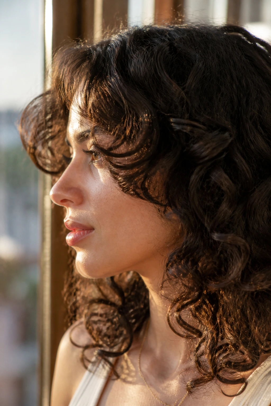 Side-profile of a person with longer curtain sweep curls