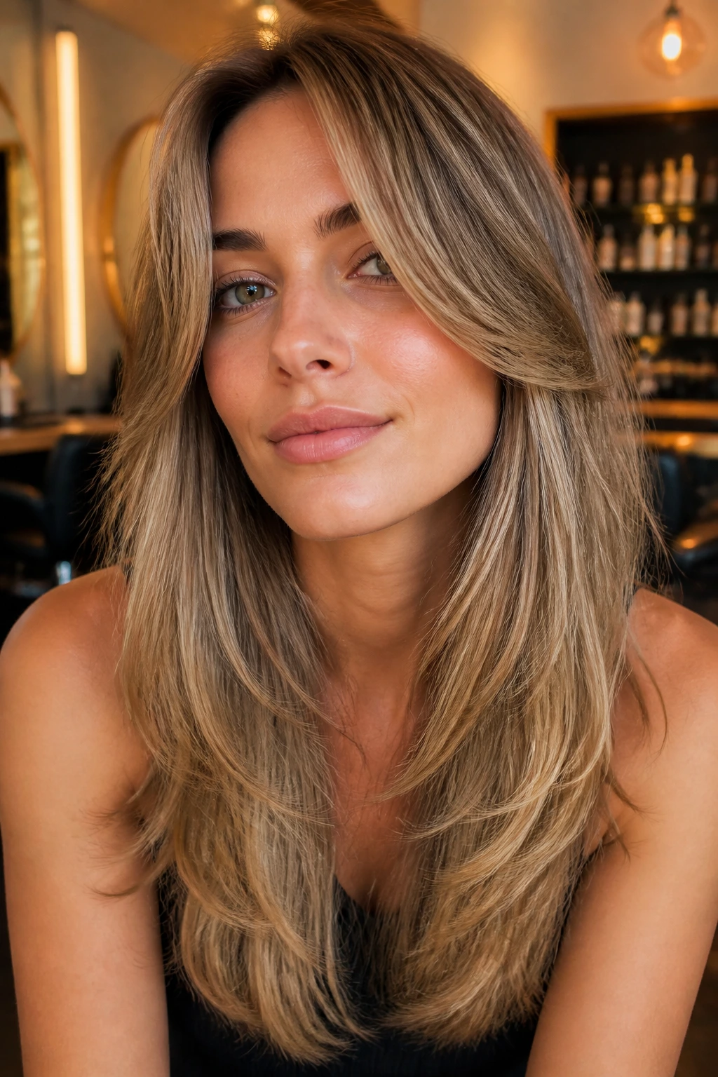 Close-up of a woman with curtain bang bridge and long layers
