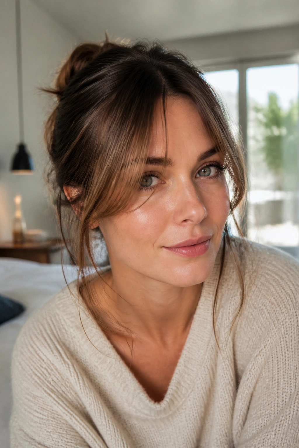 Close-up portrait of a real woman with curtain bangs framing the face in a cozy bedroom