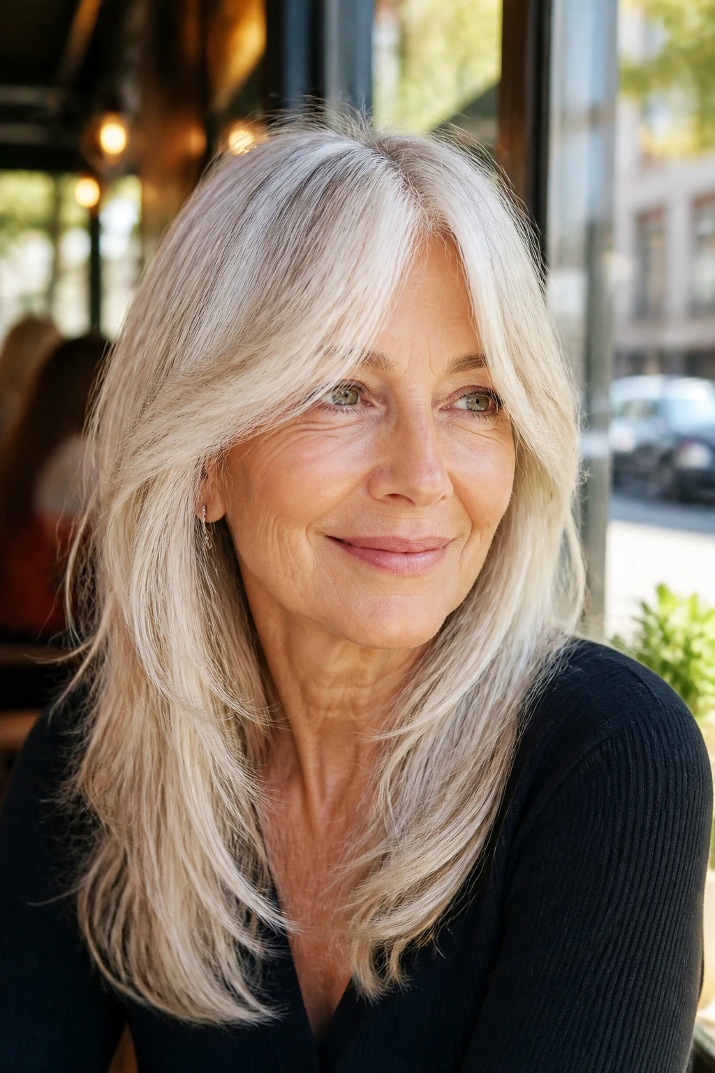 Woman with airy curtain bangs and soft layers in sunlit outdoor setting