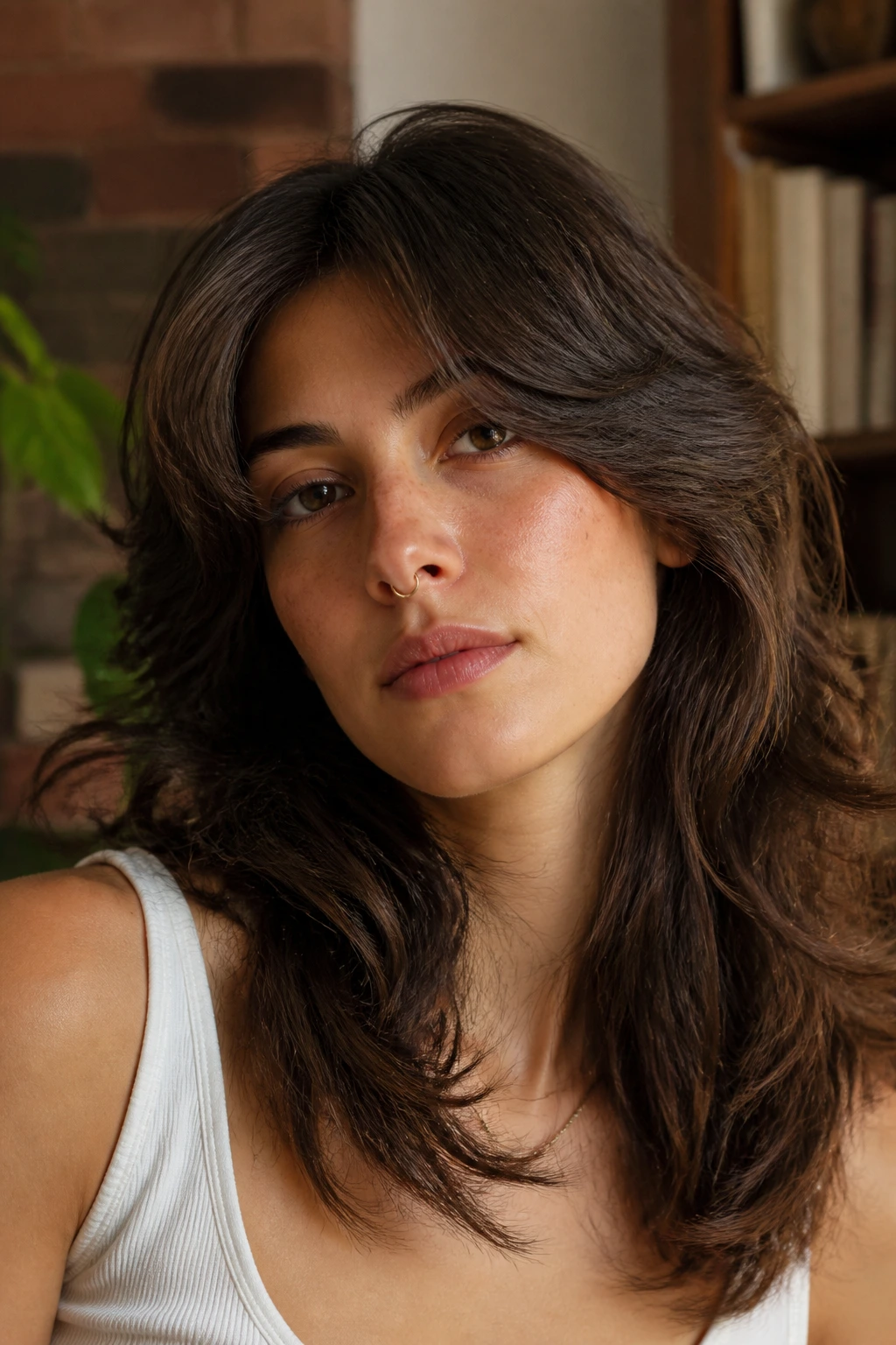 Portrait of a person with longer rounded curtain bangs in a soft femme sweep.