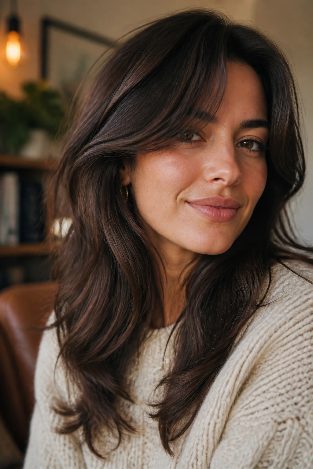 Portrait of woman with curtain bangs styled in soft wave variation.
