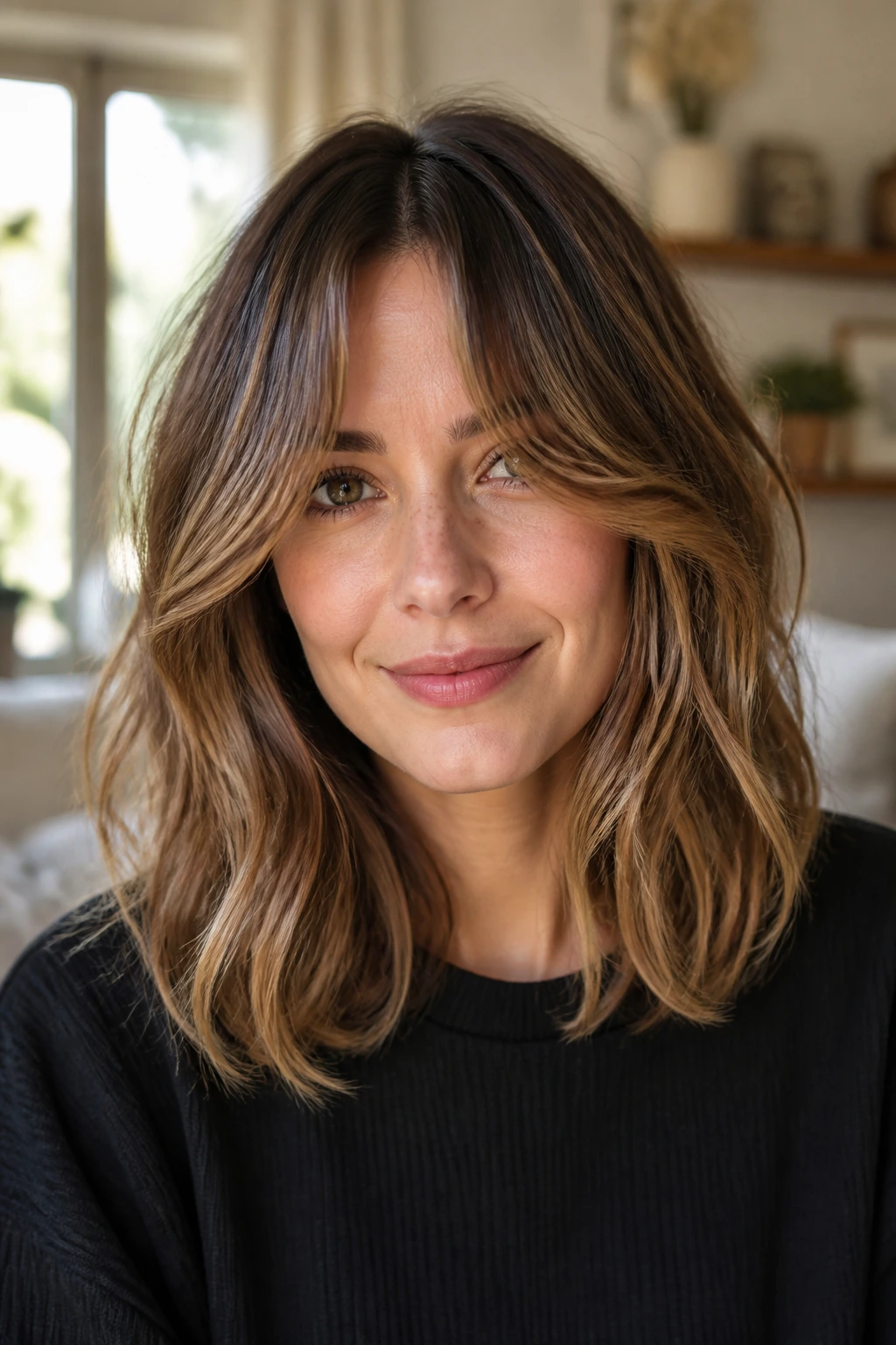 Close-up of a real person with curtain bangs and shoulder-grazing waves.