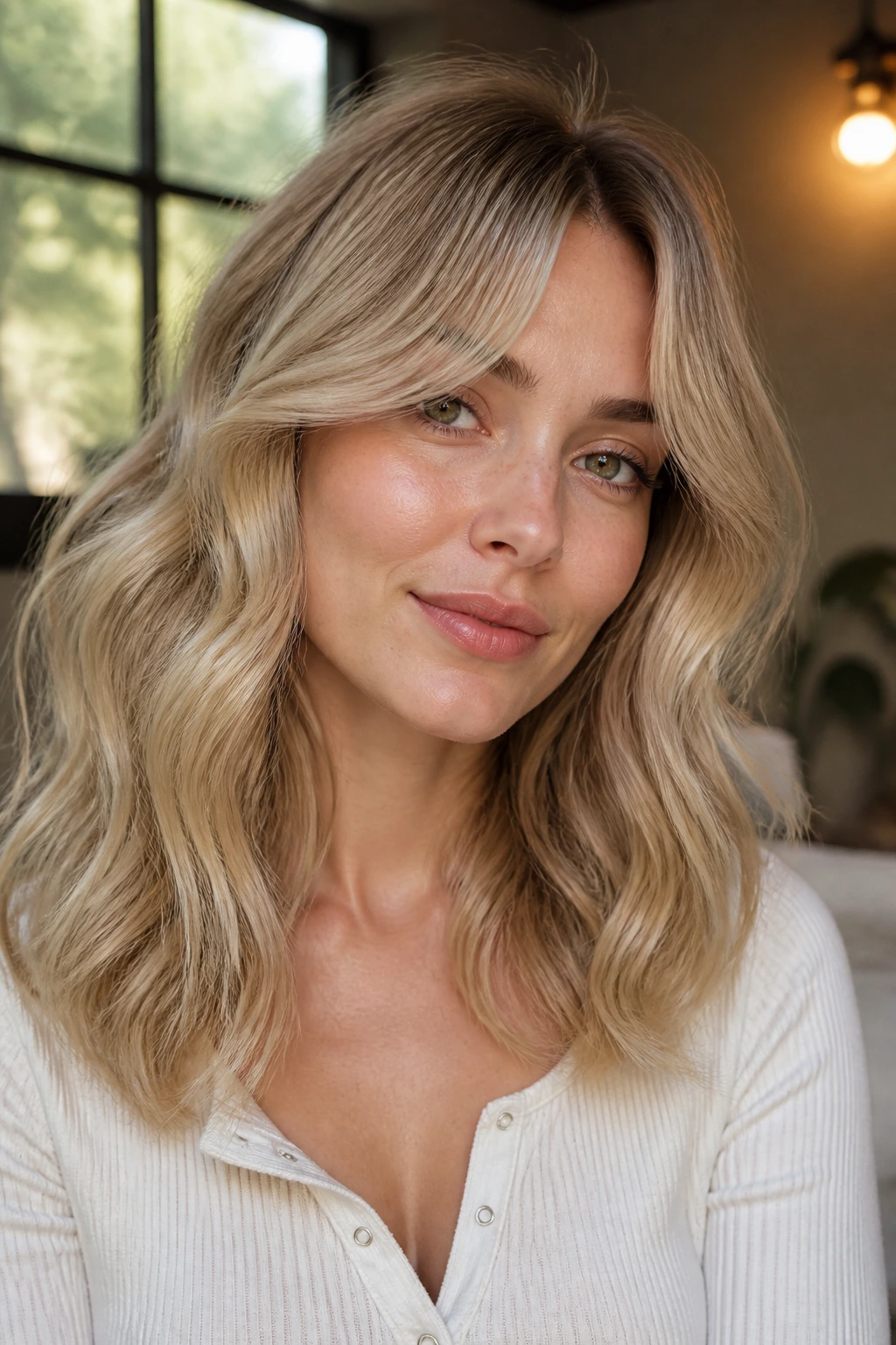Close-up of a real woman with curtain bangs and airy waves framing her face