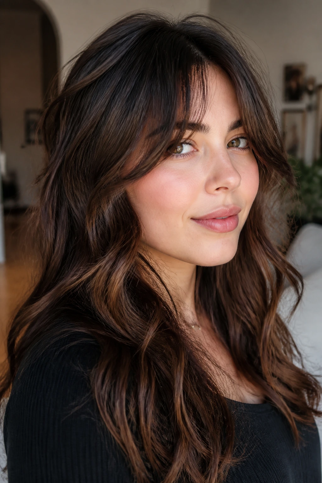 Real woman with curtain bangs split at the brows, waves framing face