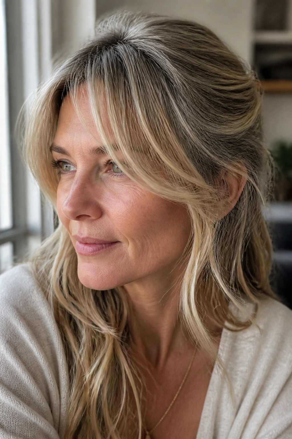 Portrait of woman with curtain bangs and swept-back waves