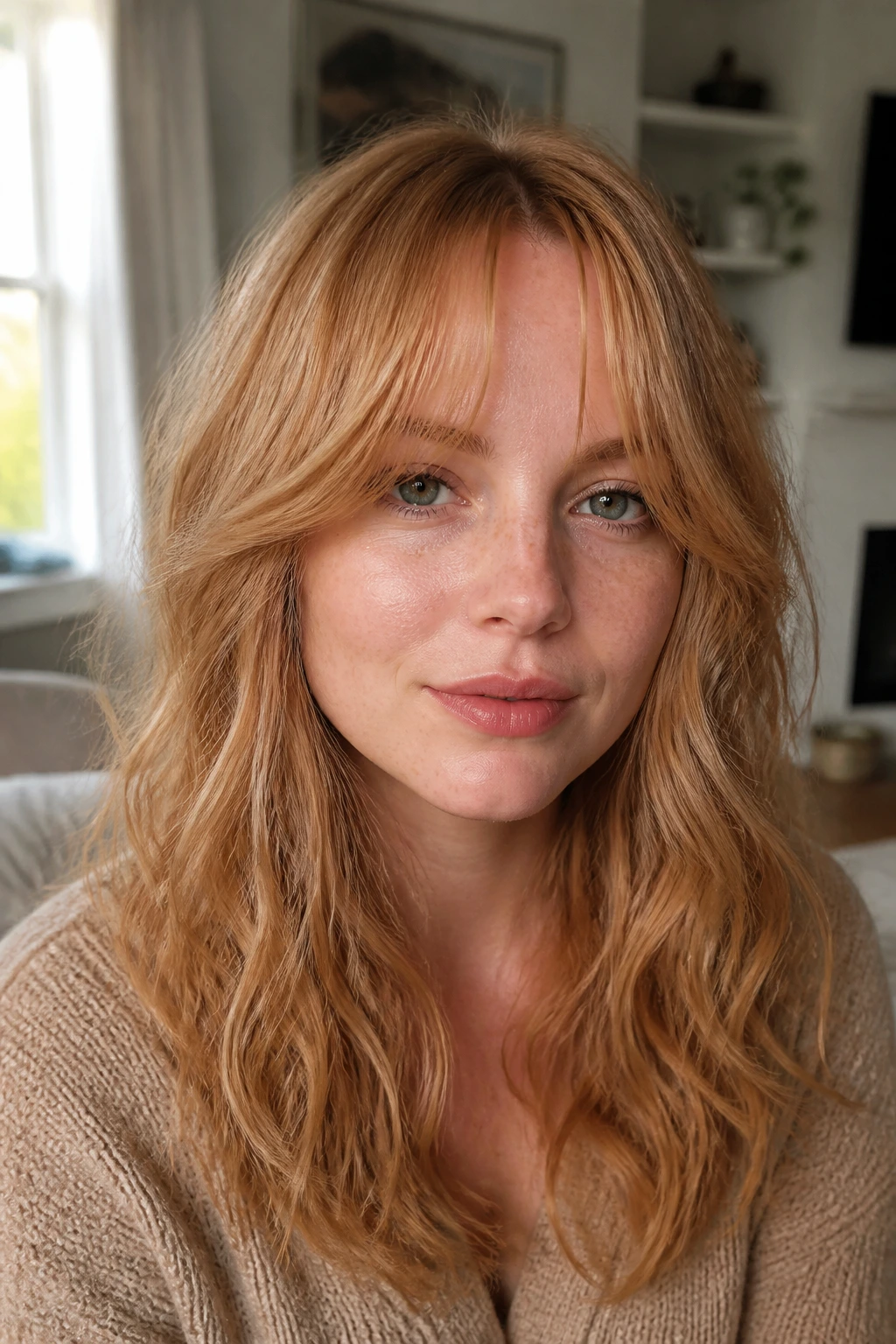 Real woman with curtain bangs and natural air-dried waves in window light.