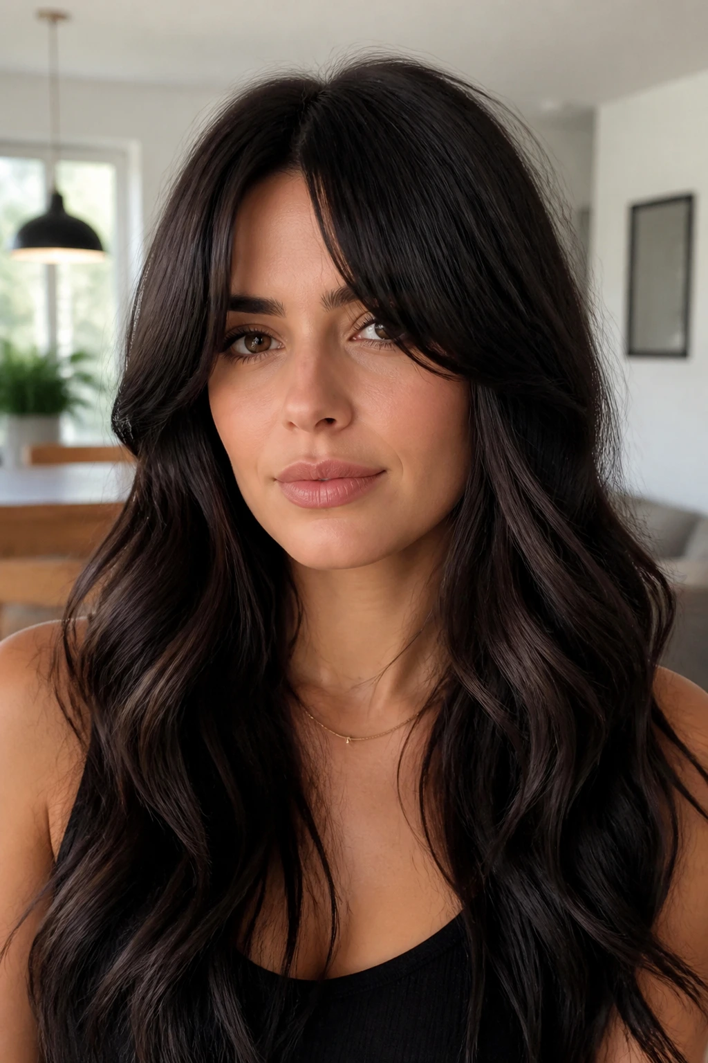 Portrait of a woman with curtain bangs and long waves framing the face