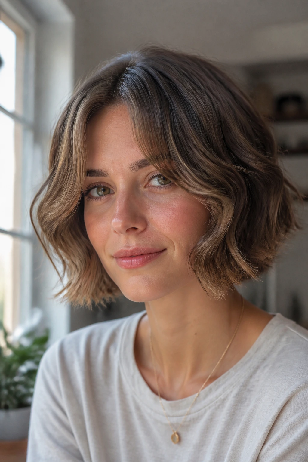 Close-up of a woman with chin-length waves and curtain bangs in natural light.
