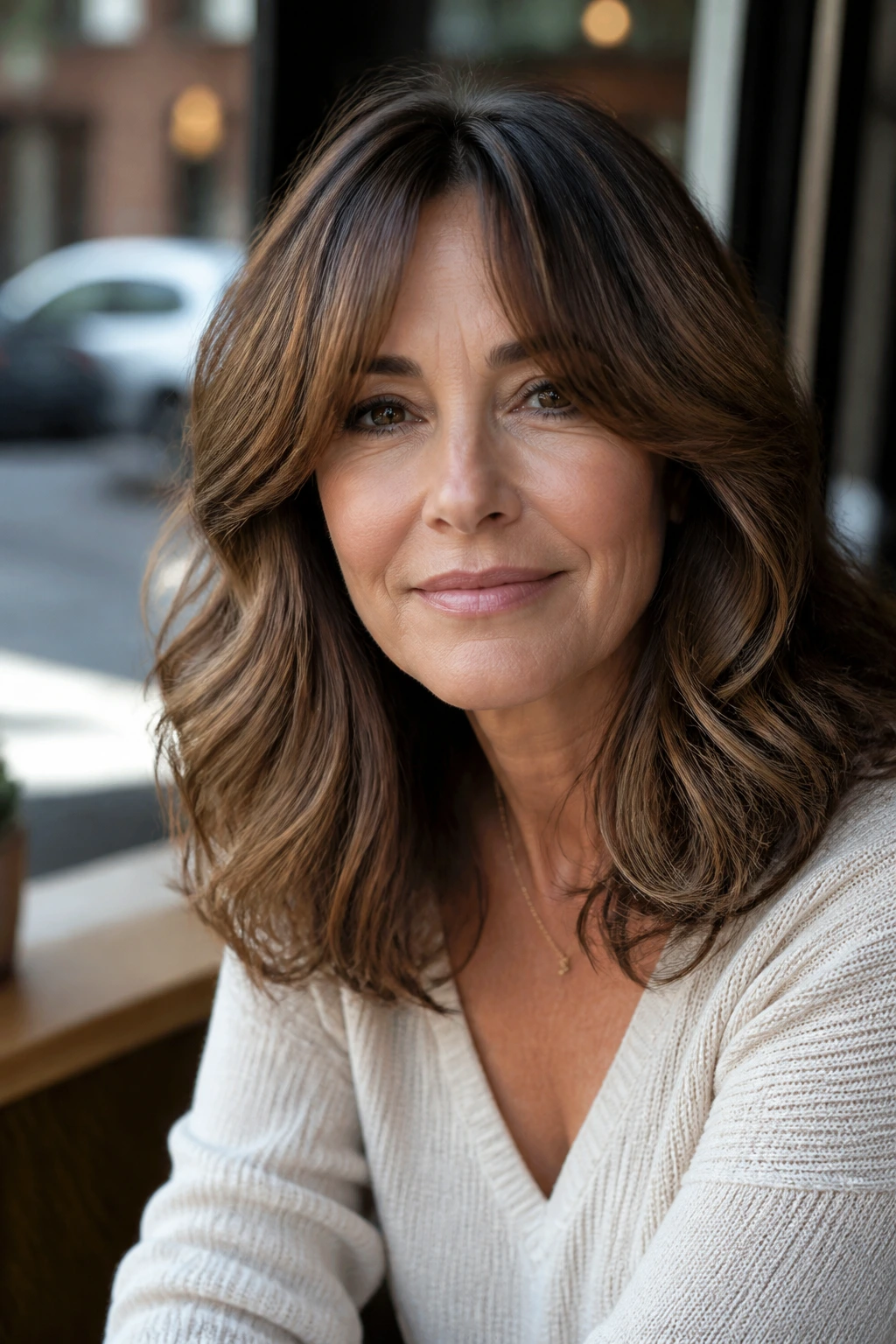 Portrait of a woman with curtain bangs and mid-length waves