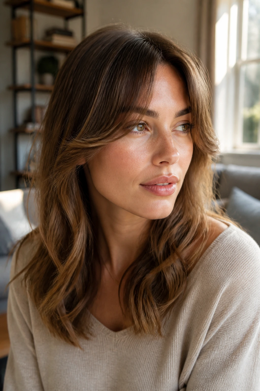 Portrait of a woman with curtain bangs and soft wave ends.