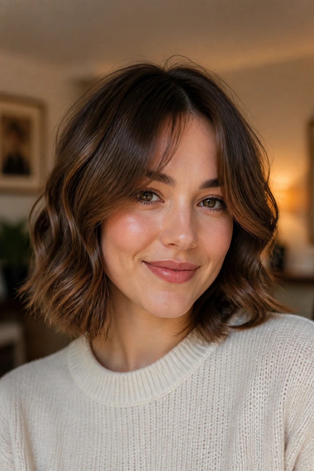 Portrait of a real person with curtain bang waves framing the face under warm indoor light.